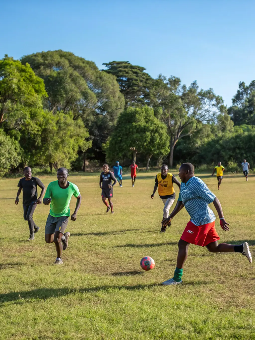 A photograph capturing a group of adults participating in a friendly soccer match during an ECURIE DES BALZANES community sports day, emphasizing the spirit of camaraderie and healthy competition.