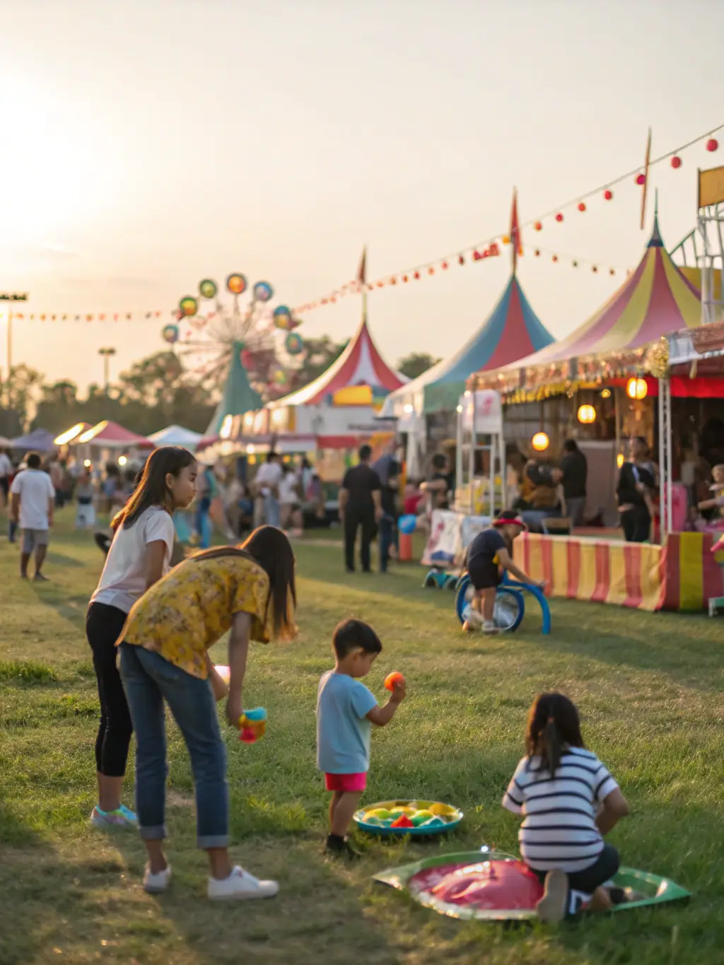 A picture of a festive community event organized by ECURIE DES BALZANES, with people of all ages enjoying games and activities.