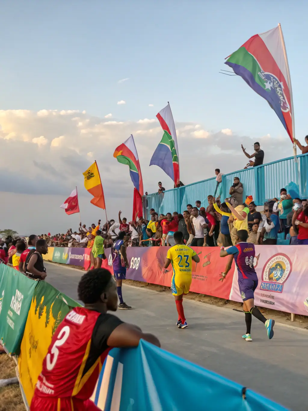 A photograph capturing the joyful atmosphere of a local sports event organized by ECURIE DES BALZANES, featuring diverse participants of all ages competing and cheering.