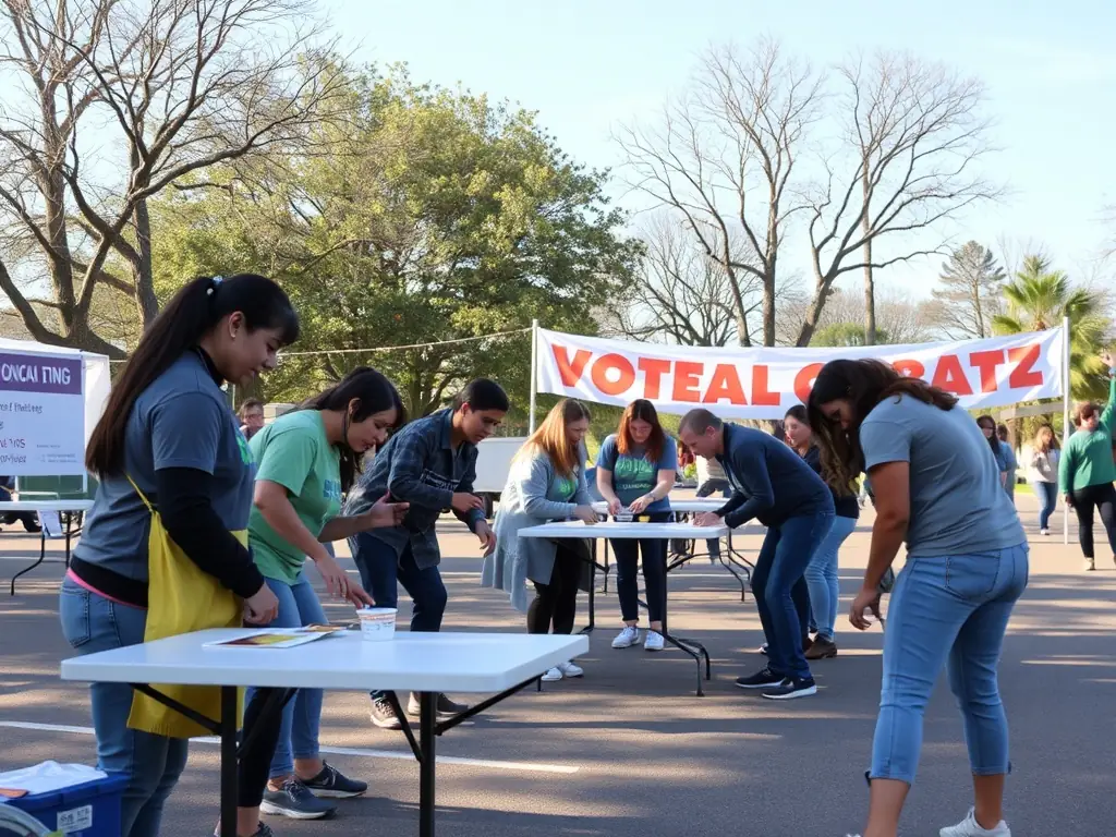 A photograph capturing a group of volunteers setting up for a community event, highlighting the collaborative effort and dedication behind ECURIE DES BALZANES' activities.