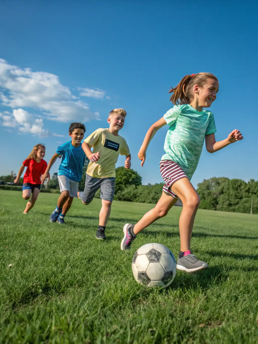 A vibrant image of children participating in a sports day organized by ECURIE DES BALZANES, showcasing teamwork and joyful physical activity.